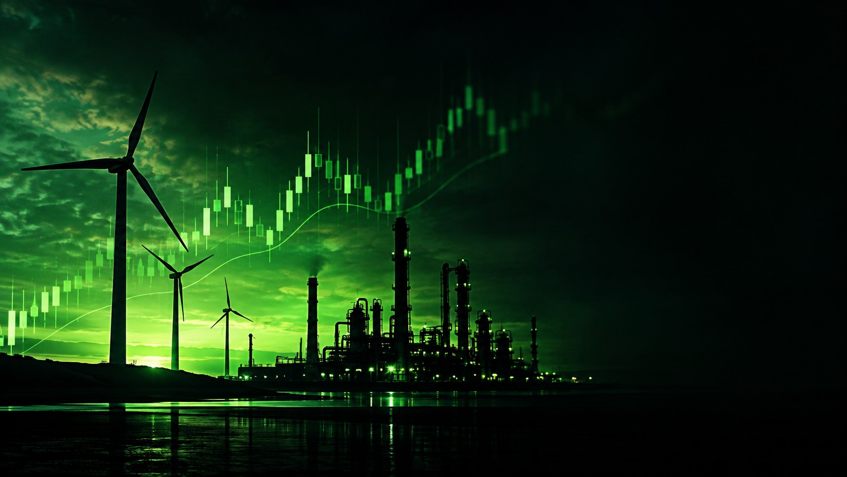 Wind turbines and oil refinery silhouettes merged with a stock chart