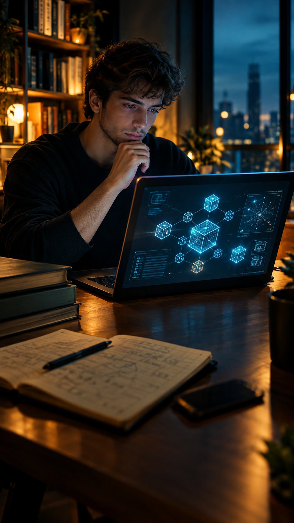 Student laptop showing blockchain diagrams in a cozy study